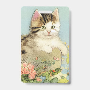 Vintage Cat Illustration with Pink Flowers Badge