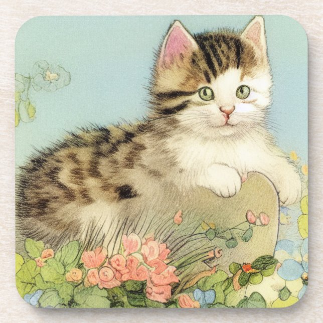 Vintage Cat Illustration with Pink Flowers Beverage Coaster (Front)