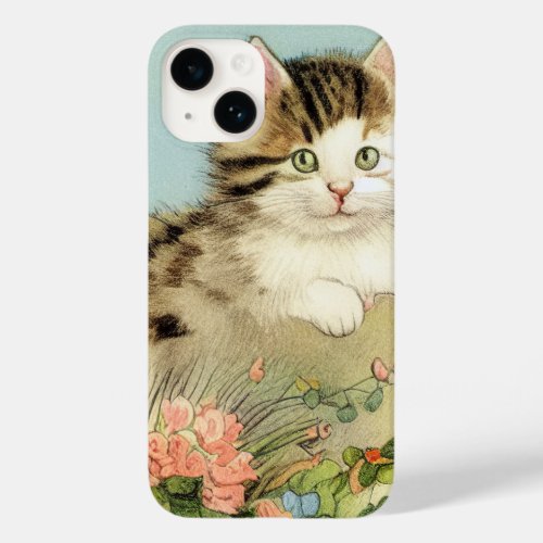 Vintage Cat Illustration with Pink Flowers Case_Mate iPhone 14 Case
