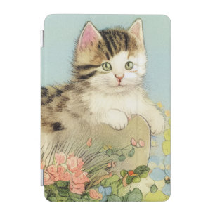 Vintage Cat Illustration with Pink Flowers iPad Mini Cover