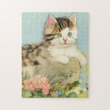Vintage Cat Illustration with Pink Flowers