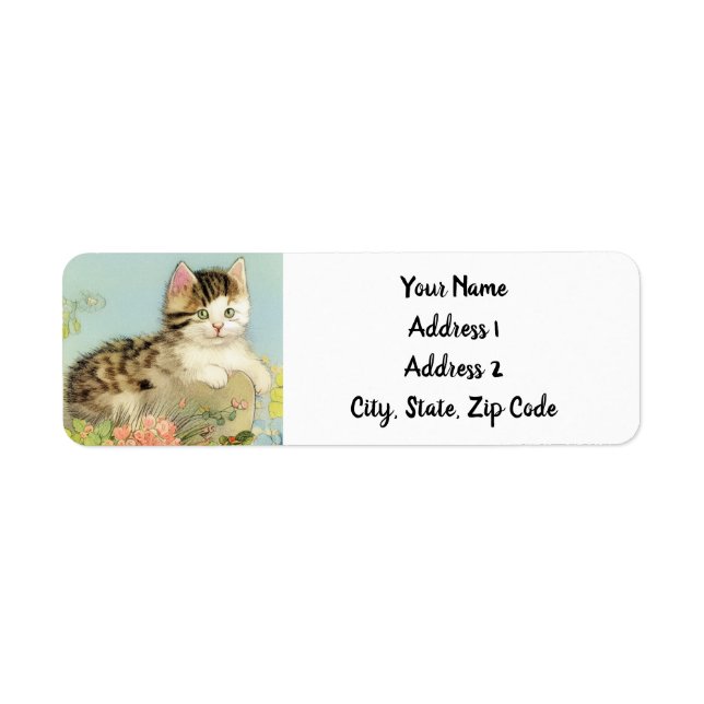 Vintage Cat Illustration with Pink Flowers Label (Front)