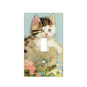 Vintage Cat Illustration with Pink Flowers Light Switch Cover