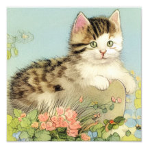 Vintage Cat Illustration with Pink Flowers