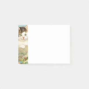 Vintage Cat Illustration with Pink Flowers Post-it Notes