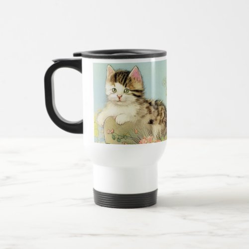 Vintage Cat Illustration with Pink Flowers Travel Mug