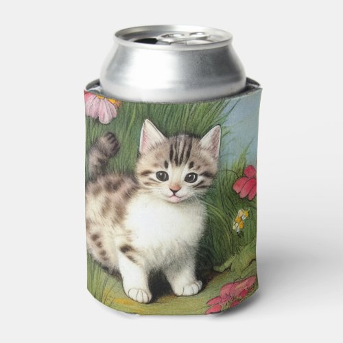 Vintage Cat Illustration with Red Flowers Can Cooler