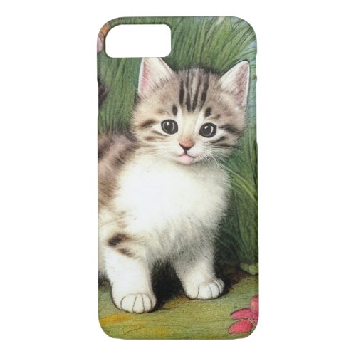 Vintage Cat Illustration with Red Flowers iPhone 87 Case