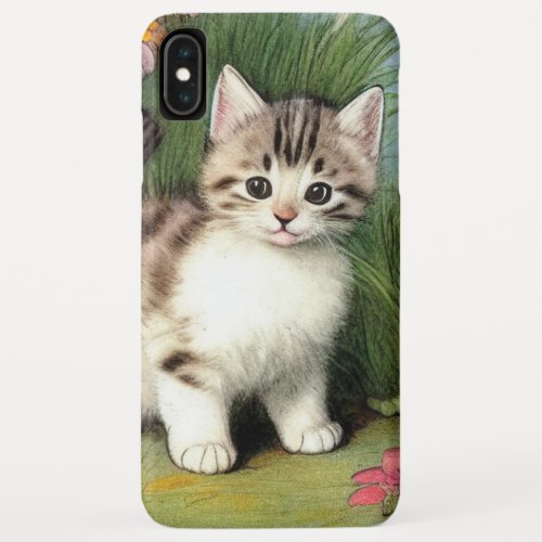 Vintage Cat Illustration with Red Flowers iPhone XS Max Case