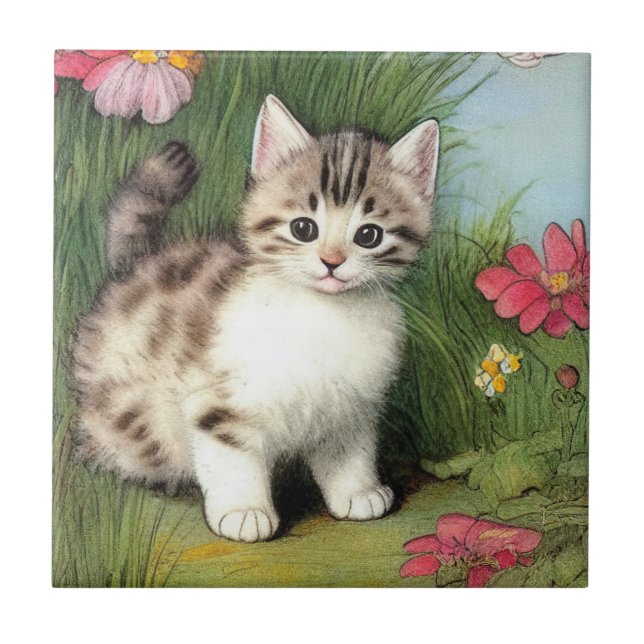 Vintage Cat Illustration with Red Flowers Ceramic Tile (Front)