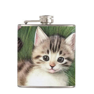 Vintage Cat Illustration with Red Flowers Flask