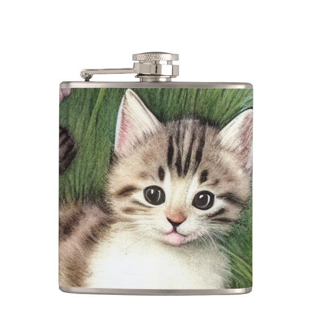 Vintage Cat Illustration with Red Flowers Flask (Front)