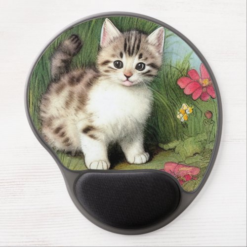 Vintage Cat Illustration with Red Flowers Gel Mouse Pad
