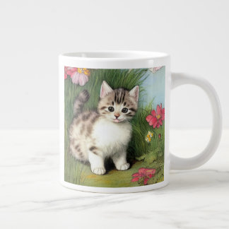 Vintage Cat Illustration with Red Flowers Giant Coffee Mug