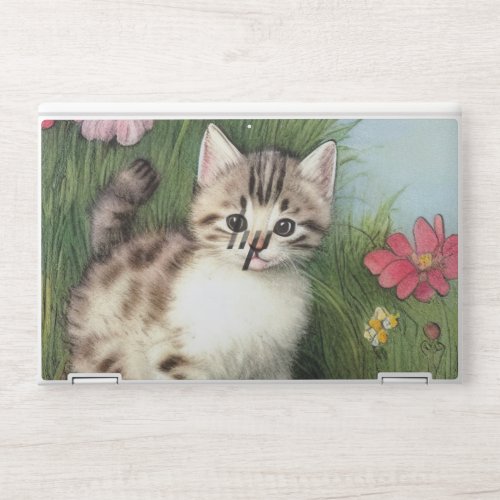 Vintage Cat Illustration with Red Flowers HP Laptop Skin