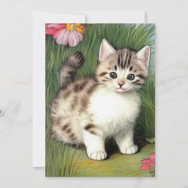 Vintage Cat Illustration with Red Flowers Invitation (Front)