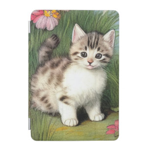 Vintage Cat Illustration with Red Flowers iPad Mini Cover
