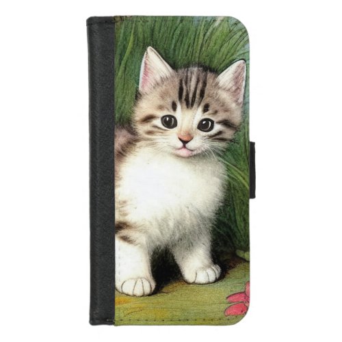 Vintage Cat Illustration with Red Flowers iPhone 87 Wallet Case