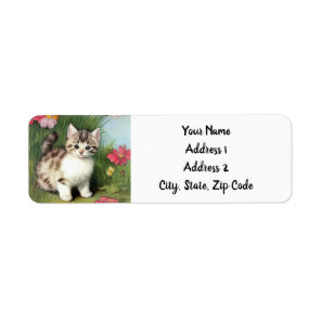 Vintage Cat Illustration with Red Flowers Label