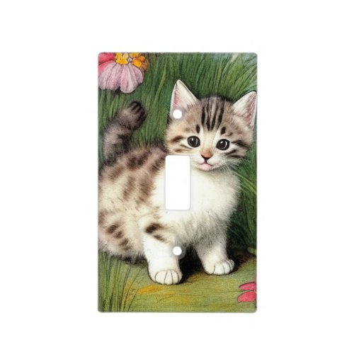 Vintage Cat Illustration with Red Flowers Light Switch Cover
