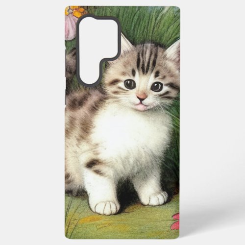 Vintage Cat Illustration with Red Flowers Samsung Galaxy S22 Ultra Case