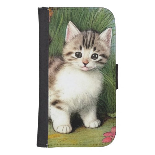 Vintage Cat Illustration with Red Flowers Galaxy S4 Wallet Case