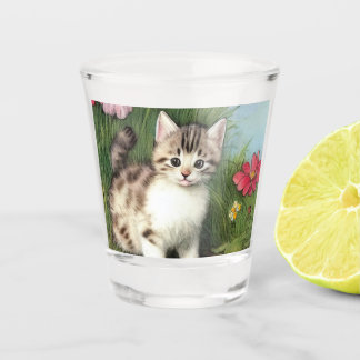Vintage Cat Illustration with Red Flowers Shot Glass