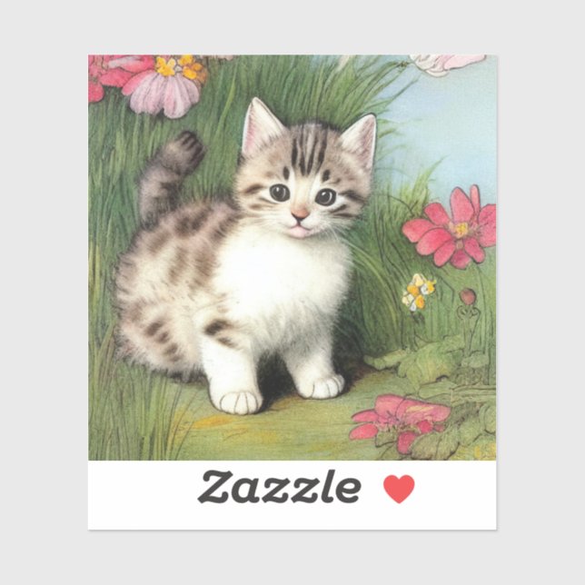 Vintage Cat Illustration with Red Flowers Sticker (Sheet)