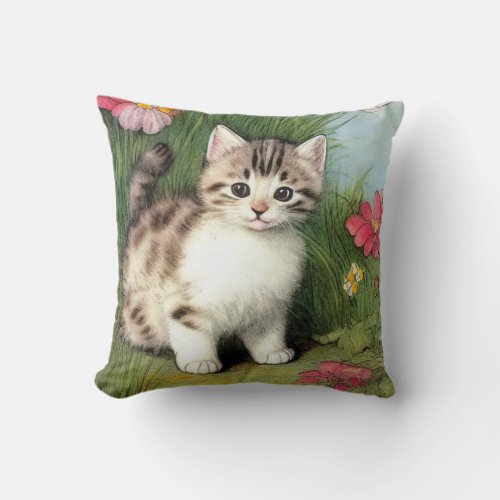 Vintage Cat Illustration with Red Flowers Throw Pillow