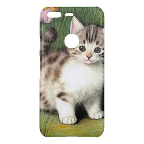 Vintage Cat Illustration with Red Flowers Uncommon Google Pixel Case