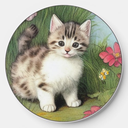 Vintage Cat Illustration with Red Flowers Wireless Charger