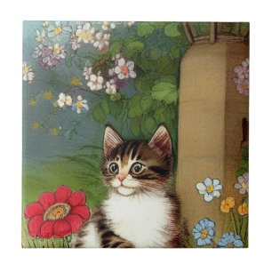 Vintage Cat Illustration with Spring Flowers Ceramic Tile