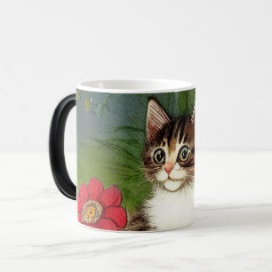 Vintage Cat Illustration with Spring Flowers Color Morph Mug