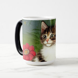 Vintage Cat Illustration with Spring Flowers Color Morph Mug