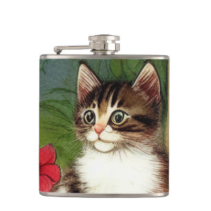 Vintage Cat Illustration with Spring Flowers Flask