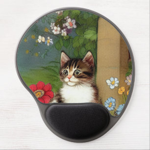 Vintage Cat Illustration with Spring Flowers Gel Mouse Pad