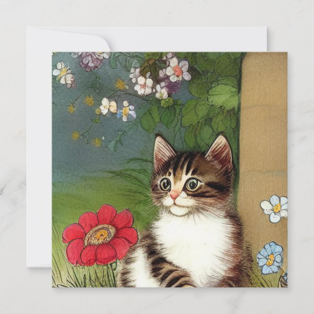 Vintage Cat Illustration with Spring Flowers Invitation (Front)