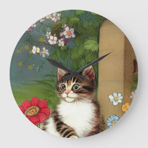 Vintage Cat Illustration with Spring Flowers Large Clock