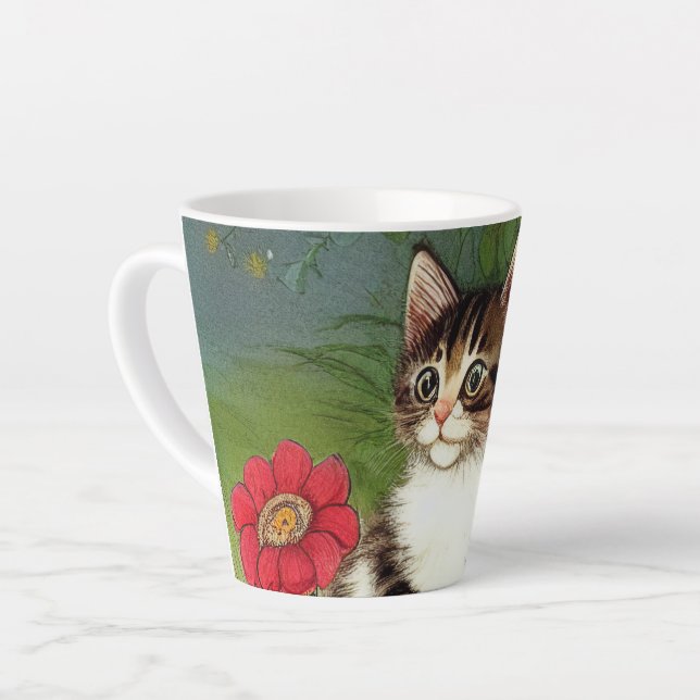 Vintage Cat Illustration with Spring Flowers Latte Mug (Left Angle)