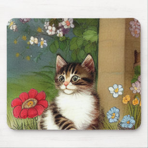 Vintage Cat Illustration with Spring Flowers Mouse Pad
