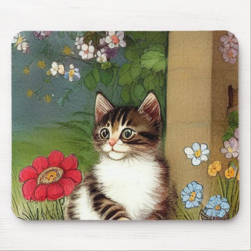 Vintage Cat Illustration with Spring Flowers Mouse Pad