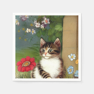Vintage Cat Illustration with Spring Flowers Napkins
