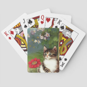 Vintage Cat Illustration with Spring Flowers Poker Cards