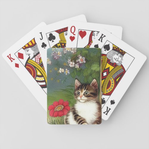 Vintage Cat Illustration with Spring Flowers Poker Cards