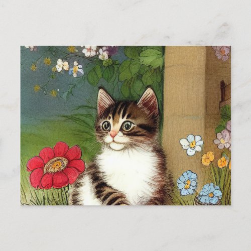 Vintage Cat Illustration with Spring Flowers Postcard