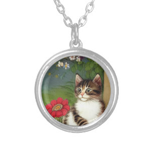 Vintage Cat Illustration with Spring Flowers Silver Plated Necklace