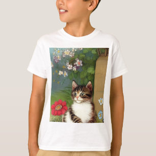 Vintage Cat Illustration with Spring Flowers T-Shirt