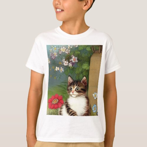 Vintage Cat Illustration with Spring Flowers T_Shirt