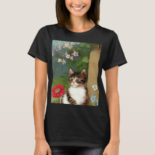 Vintage Cat Illustration with Spring Flowers T-Shirt