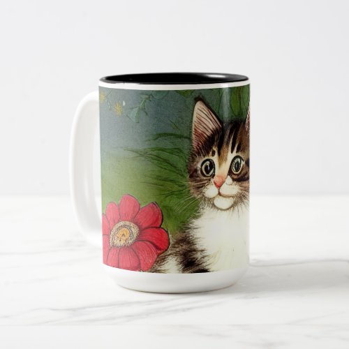 Vintage Cat Illustration with Spring Flowers Two_Tone Coffee Mug